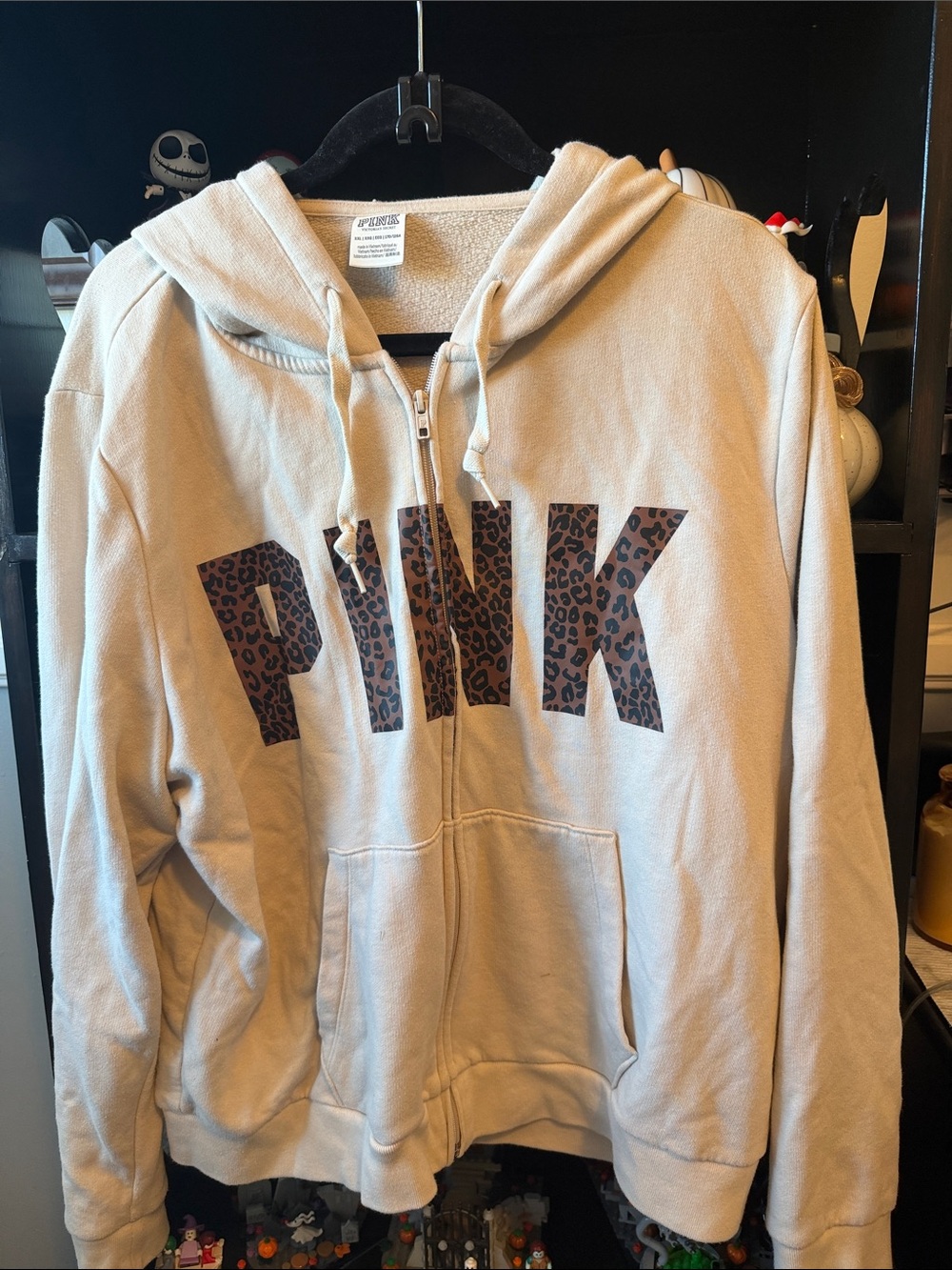 PINK Victoria's Secret Tan Zip-Up Hoodie with Leopard PINK Logo